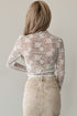 Sheer Floral Lace Mesh Mock Neck Elegant Long Sleeve Fitted Top